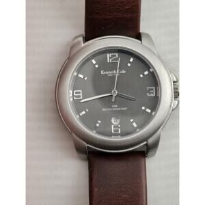 Rare Kenneth Cole Quartz Watch Gray Dial Brown Leather Band Date F93-03 Running